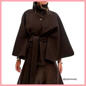 Wool Blend Batwing Sleeve Poncho Cape Coat with Belted Closure